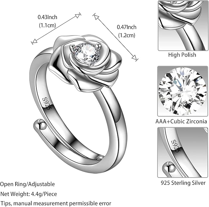 925 Sterling Silver Rose Flower Ring - Adjustable, Elegant Promise Ring for Women & Girls - Perfect for Birthday & Wedding Gifts