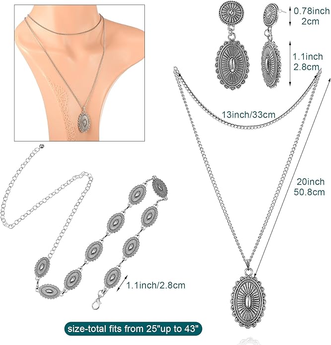 Haysandy 4 Pcs Turquoise Western Jewelry Sets for Women Bohemian Vintage Concho Necklace Classic Dangle Earrings Bracelet Belt