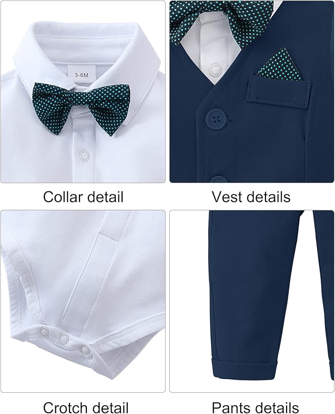 DISAUR Baby Boy Clothes Toddler Boy Outfits 4PCS Gentleman Dress Romper/Vest/Pants/Bow Tie Cotton Suit Sets