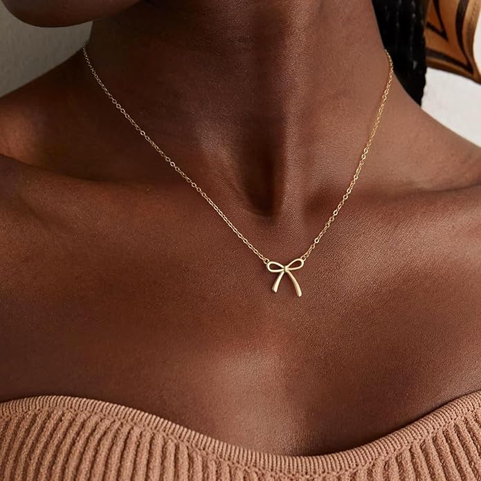 Valentines Day Gifts for Her - Dainty Bow Necklace for Women 14K Gold Plated Cute Choker Small Pendant Charm Necklaces Teen Gift Trendy Stuff Personalized Jewelry