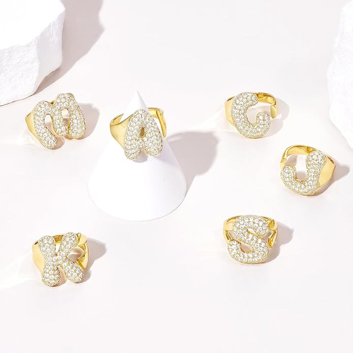 KissYan Bubble Initial Ring Valentines Day Gifts for Women, 14k Gold Plate Balloon Jumbo Letter Rings Open Adjustable Dainty Pave CZ Personalized Fashion Trendy Statement Jewelry