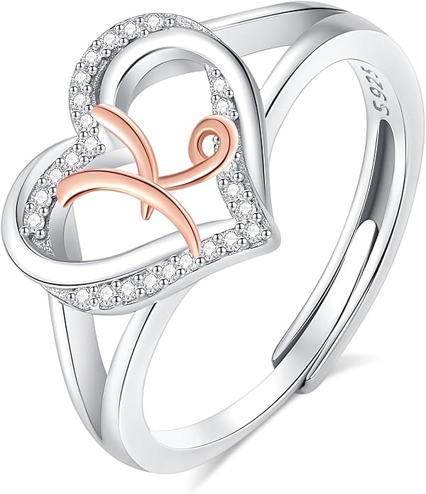 INFUSEU 925 Sterling Silver Initial Heart Ring for Women Girls, Adjustable Size