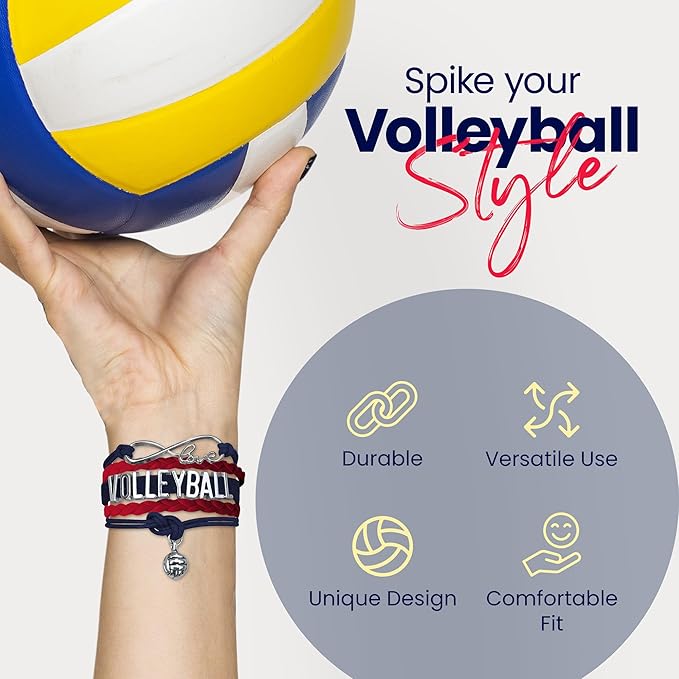 Volleyball Bracelets For Girls- Ideal Volleyball Gifts & Souvenirs. Adjustable Charm Bracelet with Moveable Letters, Infinity Symbol & Silver Volleyball Charm. Fashionable Bracelets by SportyBella.