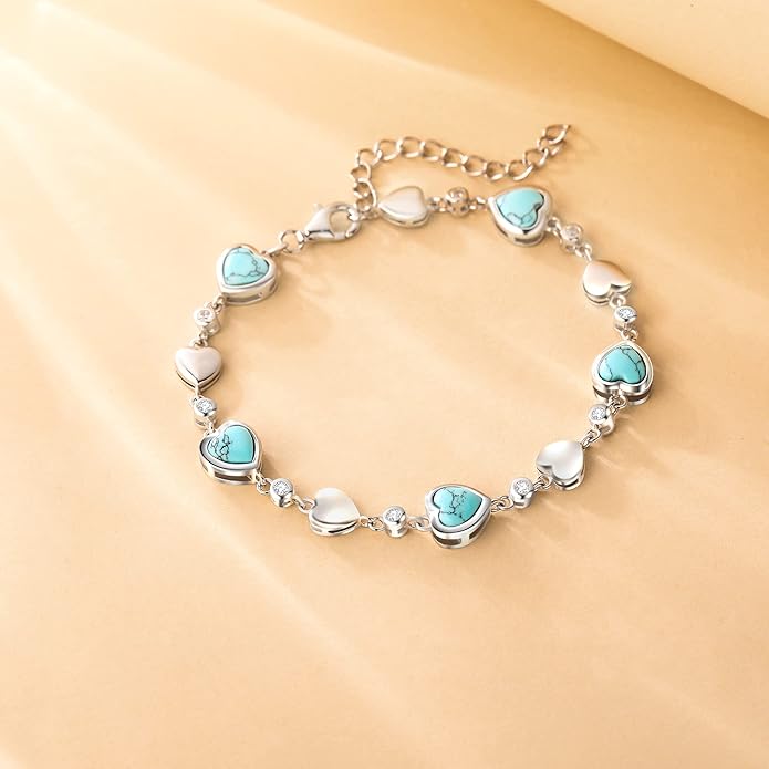 Carleen Birthstone Bracelets for Women 925 Sterling Silver Five Heart Station Created Gemstone Tennis Bracelet Jewelry Anniversary Birthday for Wife, 7"+1.2" Extender