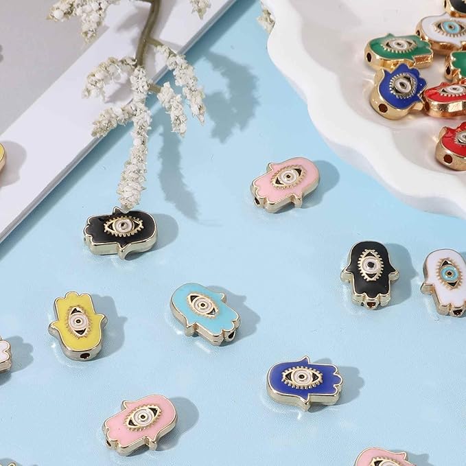 MECCANIXITY 20 Pcs Hand Evil Eye Beads Colorful Flat Loose Spacer Evil Eye Charms for DIY Bracelet Earrings Necklace Crafts Jewelry Making, Yellow