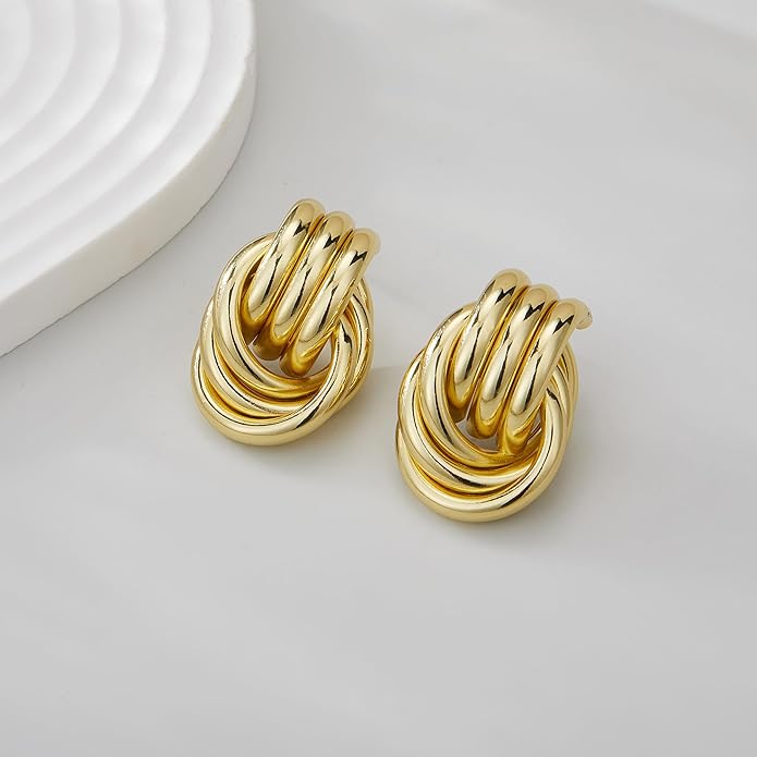 Chunky Gold Knot Earrings for Women, Gold Silver Statement Geometric Drop Dangle Long Link Earrings Trendy Dupes Jewelry