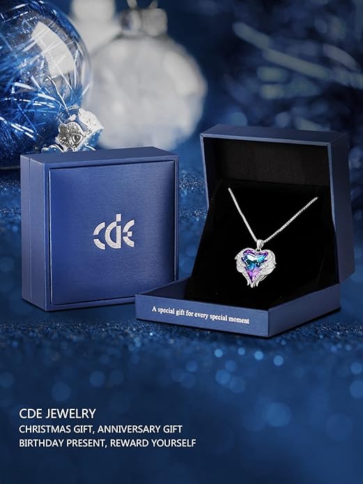 CDE Valentines Day Gifts for Women Angel Wings Necklace for Women with Birthstone, Love Heart Silver Tone/Gold Tone Pendant, Ideal Anniversary or Birthday Jewelry Gifts for Wife Girlfriend Her