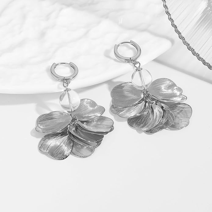 Boho Flower Layered Floral Leaf Drop Dangle Earring For Women,Metal CZ Gold Lightweight Flower Bohemian Gold Petal Exaggerated Jewelry Earrings For Women Brides Party Prom Wedding