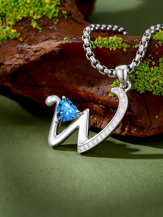 Valentines Day Gifts for Women Alphabet A to Z Initial Birthstone Pendant Necklaces for Women - 18k White Gold Plated Personalized Name Jewelry Valentine Mothers Day Birthday Gifts for Women Her Girlfriend