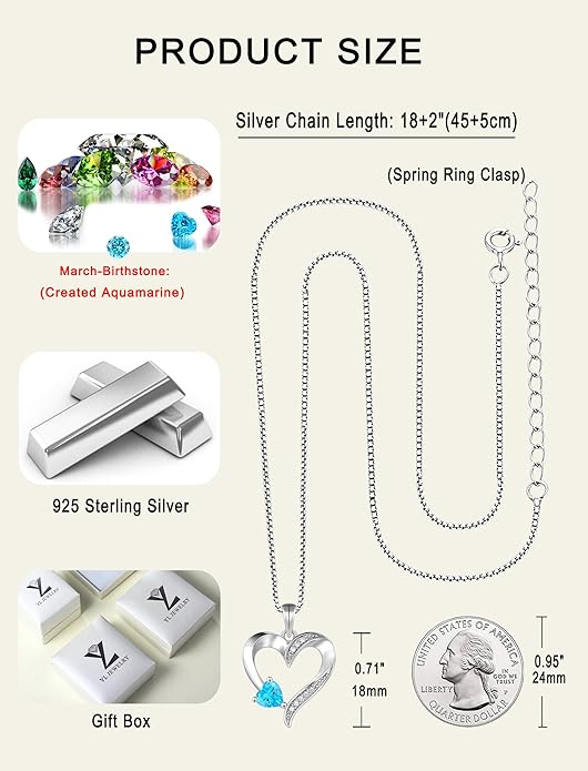YL Heart Necklace 925 Sterling Silver Love Heart Pendant Birthstone Jewelry for Women
