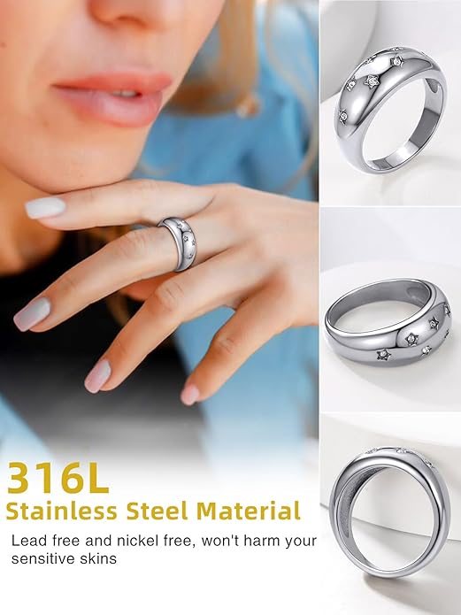 GOLDCHIC JEWELRY Chunky Dome Ring for Women, Stainless Steel Bold Stacking Croissant Statement Ring For Men (Size 7-12, Custom)