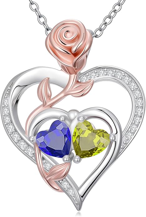 Rose Flower Heart Pendant for Women Birthday Gifts 18k Gold Plated Mother Daughter Necklace with 12 Months Birthstone Christmas Valentines Day Gifts for Her Mom Anniversarry Jewelry for Mom Wife Girlfriend