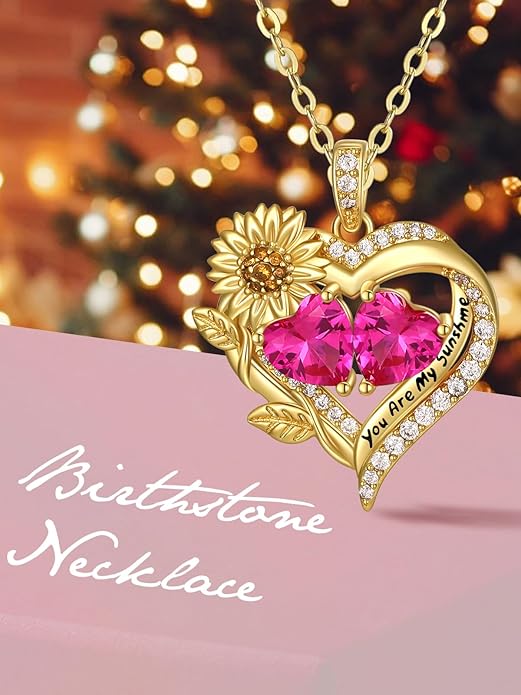 Sunflower Heart Necklace for Women 14K Gold Exquisite Valentines Day Anniversary Birthday Gifts for Wife Mother Her Double Birthstone Pendant Jewelry‘You Are My Sunshine’