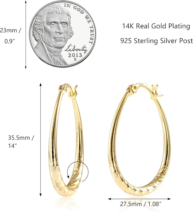 Silver Oval Hoop Earrings Hypoallergenic 14K Gold Plated Sterling Silver Lightweight Oval Hoop Earrings for Women Gilrs