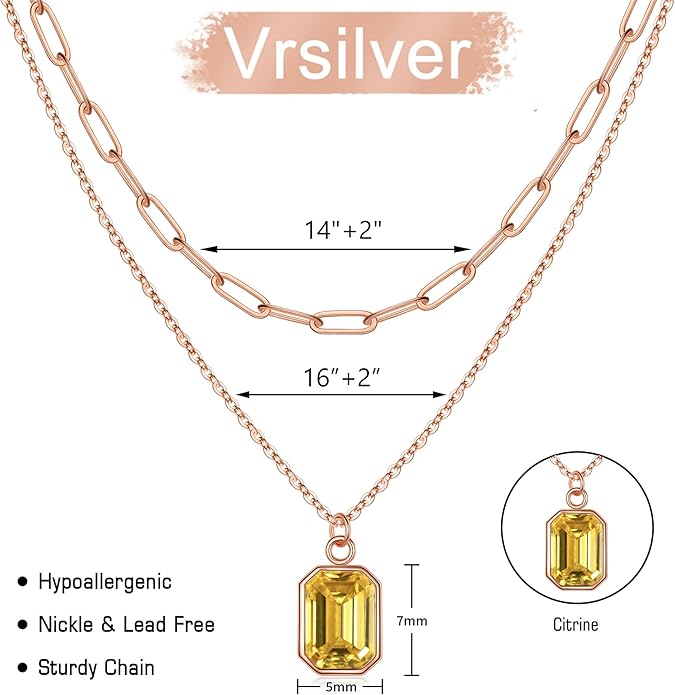 Layered Birthstone Necklace for Women Girls, 14K Gold-Plated Paperclip Chain Choker Necklace with Rectangle Birthstone Pendant Birthday Gifts for Women Girls Dainty Small