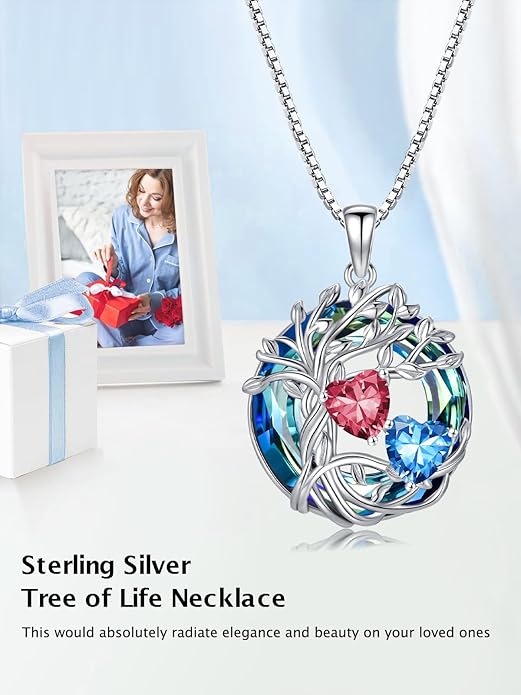 TOUPOP s925 Sterling Silver Family Celtic Tree of Life Pendant Necklaces with 2 Heart Birthstone with Blue Austrian Crystal Jewelry Birthday Valentines Day Gifts for Her, Anniversary Christmas Gifts for Wife Girlfriend Mom (18K Real White Gold Filled)