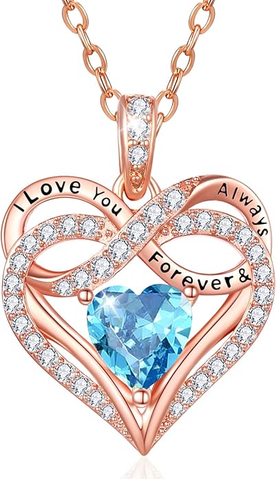 Infinity Rose Gold Valentines Heart Birthstone Necklace for Women,I Love You Always and Forever Jewelry,Valentines Anniversary Birthday Gifts for Her Wife Mom Grandma Daughter