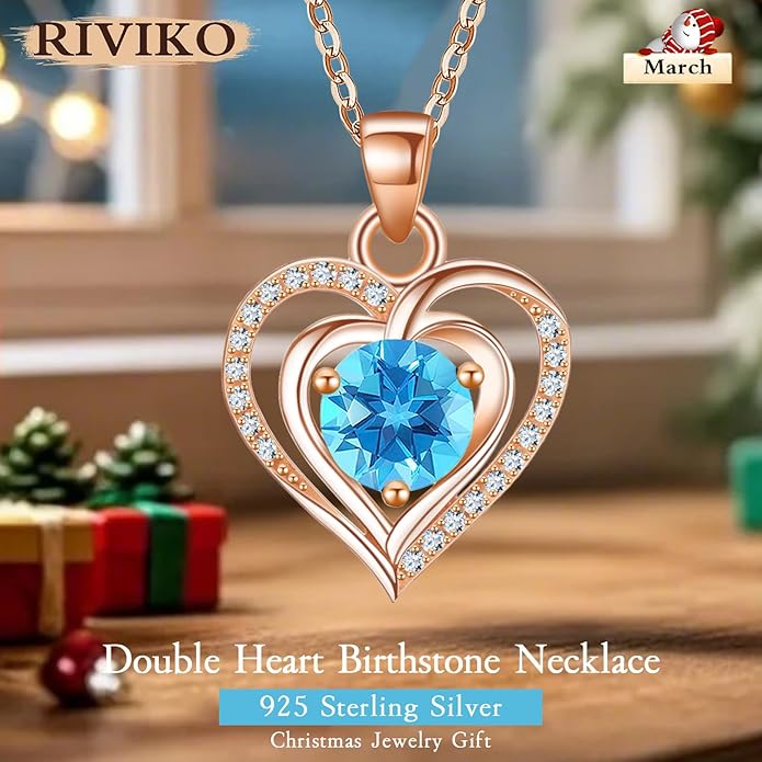 RIVIKO Heart Birthstone Pendant Necklace for Women 925 Sterling Silver Zirconia Necklaces Valentine's Day Anniversary Birthday Mothers Day Jewelry Gifts For Her Mother Wife