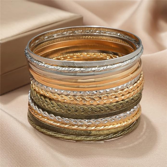 16Pcs Gold Bangle Bracelets for Women - Multi Layer Stackable Textured Bracelets Boho Jewelrys Set.