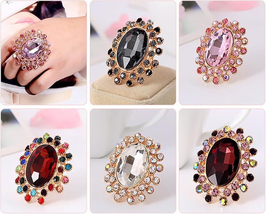PINK TOWN Vintage Rhinestone Glass Finger Rings,Fashion Crystal Adjustable Open Wrap Knuckle Ring Boho Big Oval Stackable Rings Statement Ring Engagement Wedding Cocktail Party Rings Jewelry