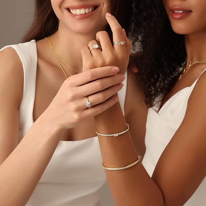 SAVEARTH DIAMONDS 3.3MM Bangle Classic Tennis Bracelet Round Lab Created Moissanite Bracelets for Brides in 18K Gold Plated Jewelry Gift for Her (Available in 6.5" or 7.5")