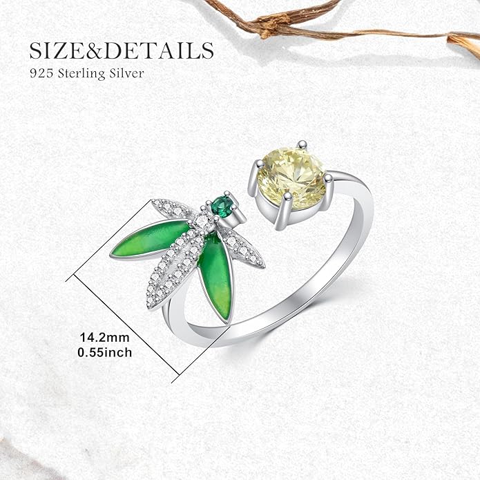 925 Sterling Silver Drangonfly/Butterfly Open Finger Rings Adjustable Dainty Gemstone Sapphire Emerald Green Ring for Women Round/Pear/Princess Engagement Promise Ring