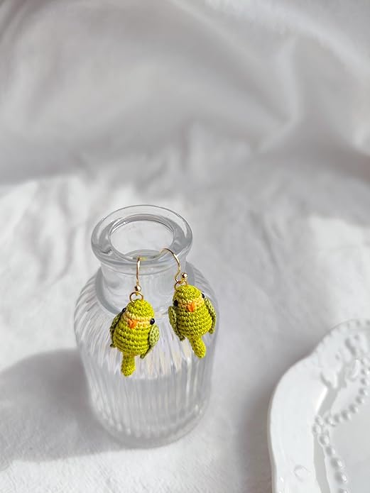Hand-crocheted yellow and blue parrot earrings, miniature crocheted artistic cute playful parrot gifts accessories