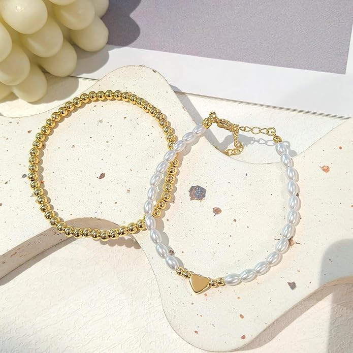 Zeffy Gold Pearl Beaded Bracelet for Women, 14K Gold Plated Jewelry Set With Paperclip Link Chain, Trendy Stack Bracelets