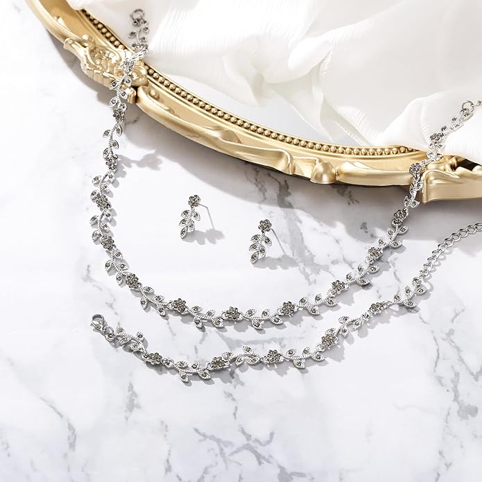BriLove Wedding Jewelry Set for Women Bride, Gorgeous Stunning Crystal Flower Leaf Cluster Choker Necklace Link Bracelet Stud Earrings Bridal Bridesmaid
