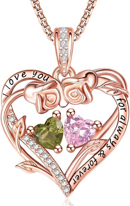Rose Heart Necklaces for Women, Rose Gold Forever Love Jewelry with 2 Birthstones Pendant,Valentines Anniversarry Birthday Gifts for Her Wife Mom Grandma Daughter, 18+2 Inch Chain