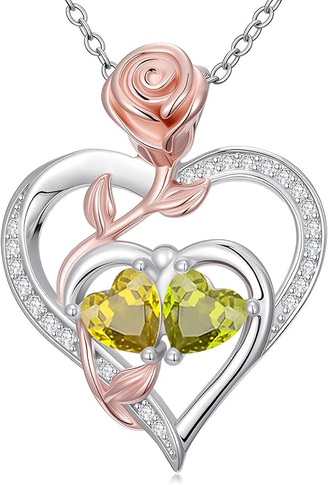 Rose Flower Heart Pendant for Women Birthday Gifts 18k Gold Plated Mother Daughter Necklace with 12 Months Birthstone Christmas Valentines Day Gifts for Her Mom Anniversarry Jewelry for Mom Wife Girlfriend