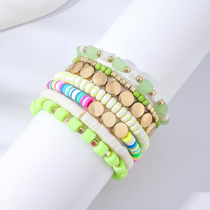 GOOJIDS Surfer Heishi Clay Bead Bracelets for Women Bohemian Stackable Gold Plated Beaded Stretch Bracelets Elastic Layering Friendship Bracelets Set Boho Jewelry