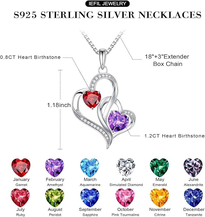 Iefil Valentines Day Gifts for Her - 925 Sterling Silver Double Birthstone Necklace, Heart Necklaces for Women, Anniversary Birthday Gifts, Personalized Jewelry Gift for Wife Mom Girlfriend