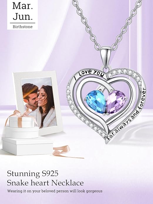 Valentine's Day Gifts for Wife 925 Sterling Silver Double Birthstone Pendant Necklaces I Love You for Always and Forever Necklace Anniversary Birthday Gifts for Wife Girlfriend Mom Her