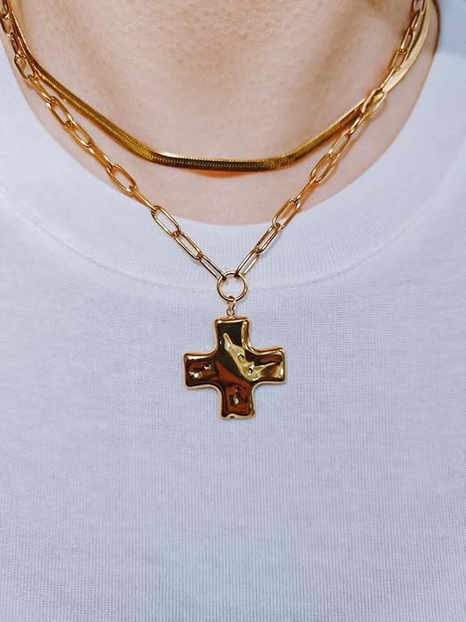MQV Chunky Statement Gold Hammered Bold Cross Necklace Thick Chain Vintage Chain Pendant Jewelry