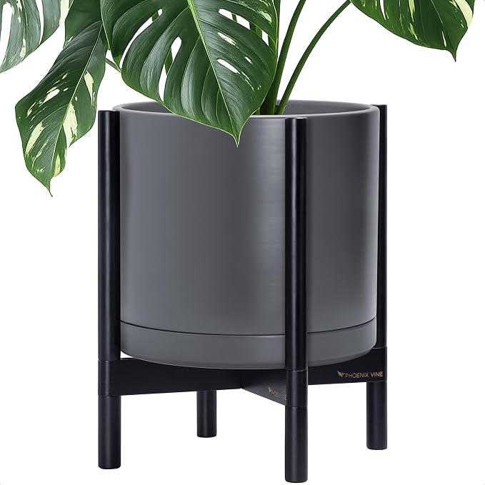 D'vine Dev Ceramic Pot with Ebony Wood Stand, 14 in, 55-B-S-3 | Mid-Century by DvineDevPlanterPotsandStand