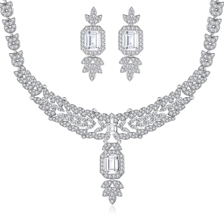 14K Gold Women's Jewelry Set, Natural Crystal Necklace & Moissanite Earrings, Luxurious Bridal/Wedding Fashion Accessory