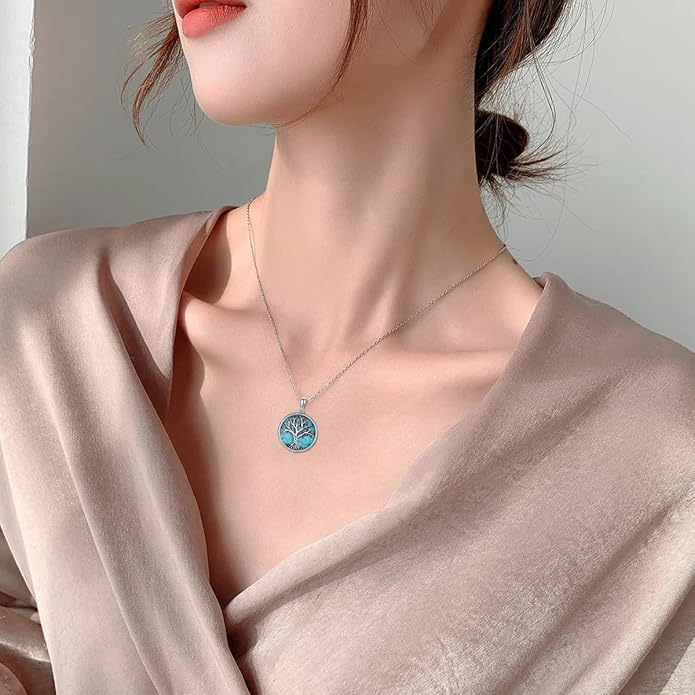 Genuine Turquoise Tree of Life Necklace Sterling Silver Boho Natural Gemstone Necklace for Women