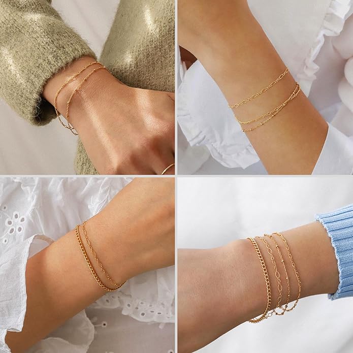DEARMAY Gold Bracelets for Women Waterproof, 14K Gold Plated Jewelry Sets Trendy Thin Dainty Stackable Cuban Link Paperclip Chain Bracelet Pack Fashion Accessories Gifts for Womens