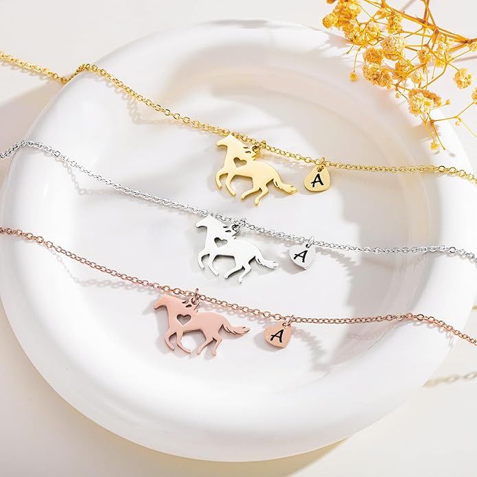 MONOOC Valentines Gifts for Kids Her Girls - Horse Necklace Gifts for Girls Horse Jewelry Necklaces Heart Initial Necklace Valentines Gift for Kids Her Teen Girl Women