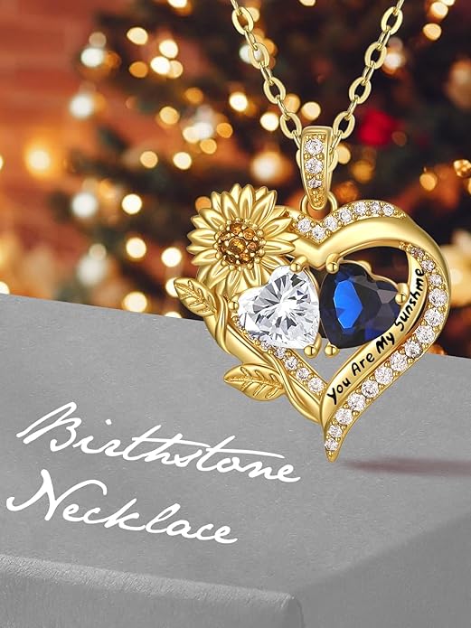 Sunflower Heart Necklace for Women 14K Gold Exquisite Valentines Day Anniversary Birthday Gifts for Wife Mother Her Double Birthstone Pendant Jewelry‘You Are My Sunshine’