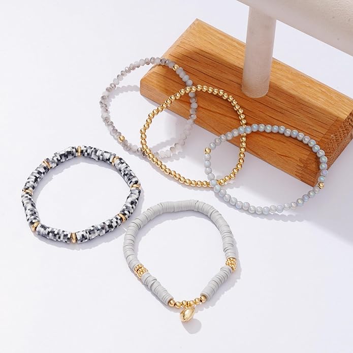 Heishi Beaded Stretch Bracelets for Women Stackable Polymer Clay Beads Bracelets Friendship Boho Summer Beach Bracelet Jewelry Set