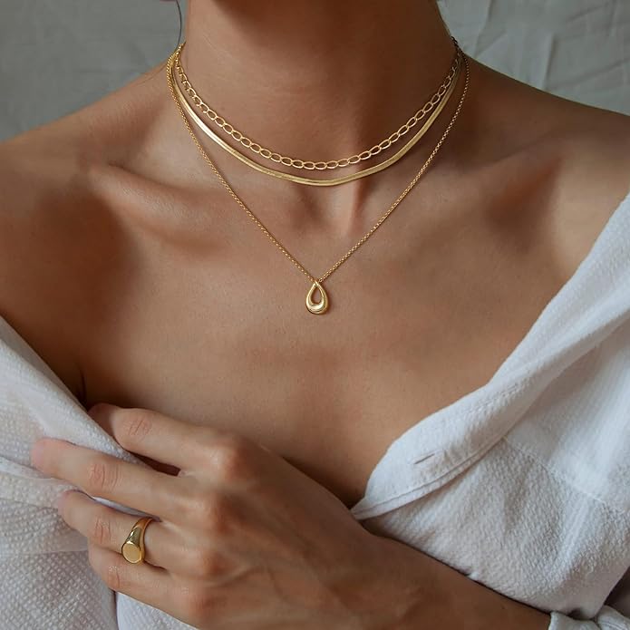 NECOCY Valentine's Day Gift 14k Gold/Silver Plated Layered Gold Necklaces for Women, 3Pcs Dainty Herringbone Choker Set, Trendy Stack Simple Chain Layering Pendant Jewelry