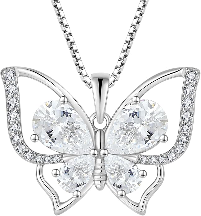 YL Women's Butterfly Necklace 925 Sterling Silver Flower Rose Pendant Birthstone Halo Jewelry