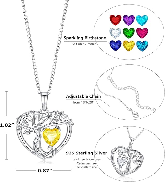 Tree of Life Necklaces for Women 925 Sterling Silver Heart Pendant Birthstone Necklace Created Gemstone Jewelry for Her, 18"+2"