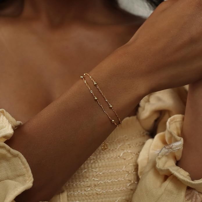 SLOONG Valentines Day Gifts for Her Gold Pearl Bracelets, 18K Real Gold Plated Dainty Stackable Snake Chain CZ Heart Pendant Bracelets, Layered Waterproof Jewelry Gift for Women Adjustable 6"+2"