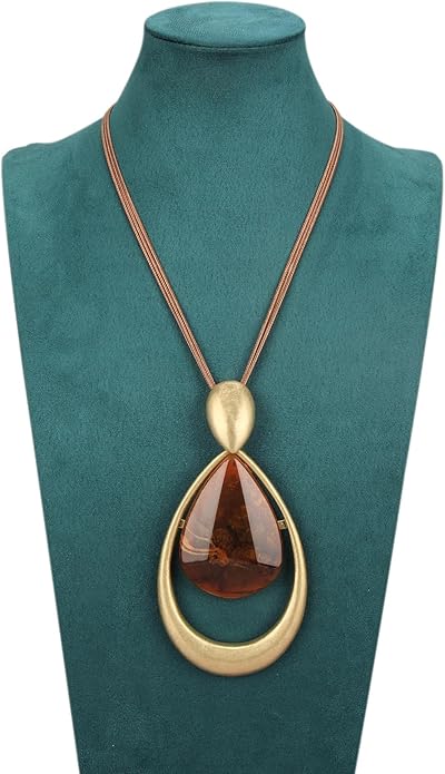 GelConnie Leather Necklace for Women Large Pendant Long Brown Necklace Circle Leather Choker Vintage Sweater Necklace Gold Chunky Boho Necklaces for Women