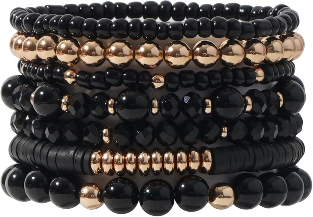 GOOJIDS Surfer Heishi Clay Bead Bracelets for Women Bohemian Stackable Gold Plated Beaded Stretch Bracelets Elastic Layering Friendship Bracelets Set Boho Jewelry
