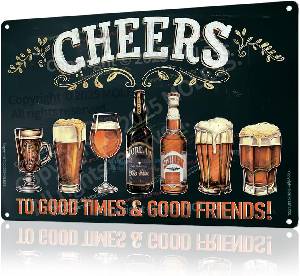 "Cheers to Good Times" Vintage Bar Sign or Man Cave Decor – 12x8″ Durable Metal Beer Signs Wall Decorations for Home Bar/Basement/Garage/Mancave, 2346