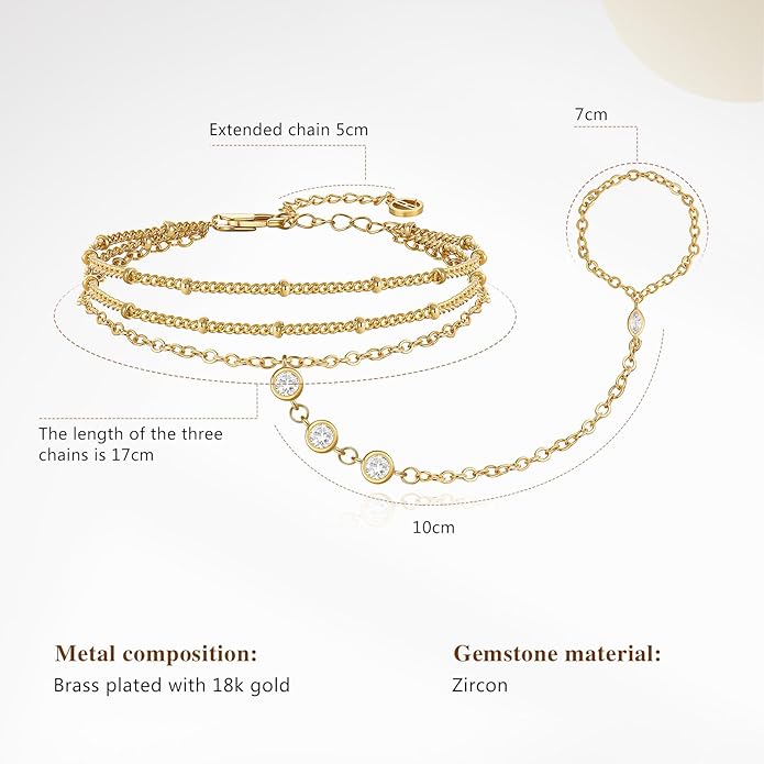 Cicy Bell Hand Chain 18k Gold Plated Bracelet for Women Trendy Teardrop Cubic Zirconia Adjustable Finger Ring Slave Dainty Bracelets Jewelry Gifts